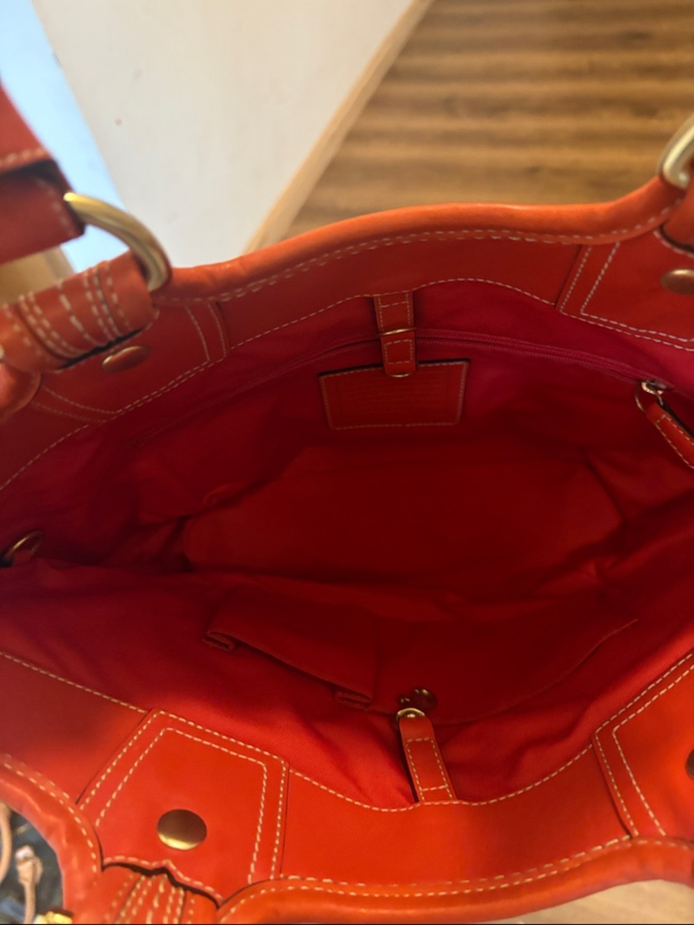 Coach Straw Tote with Red Leather Handles and Flower Charm - Picture 3 of 5